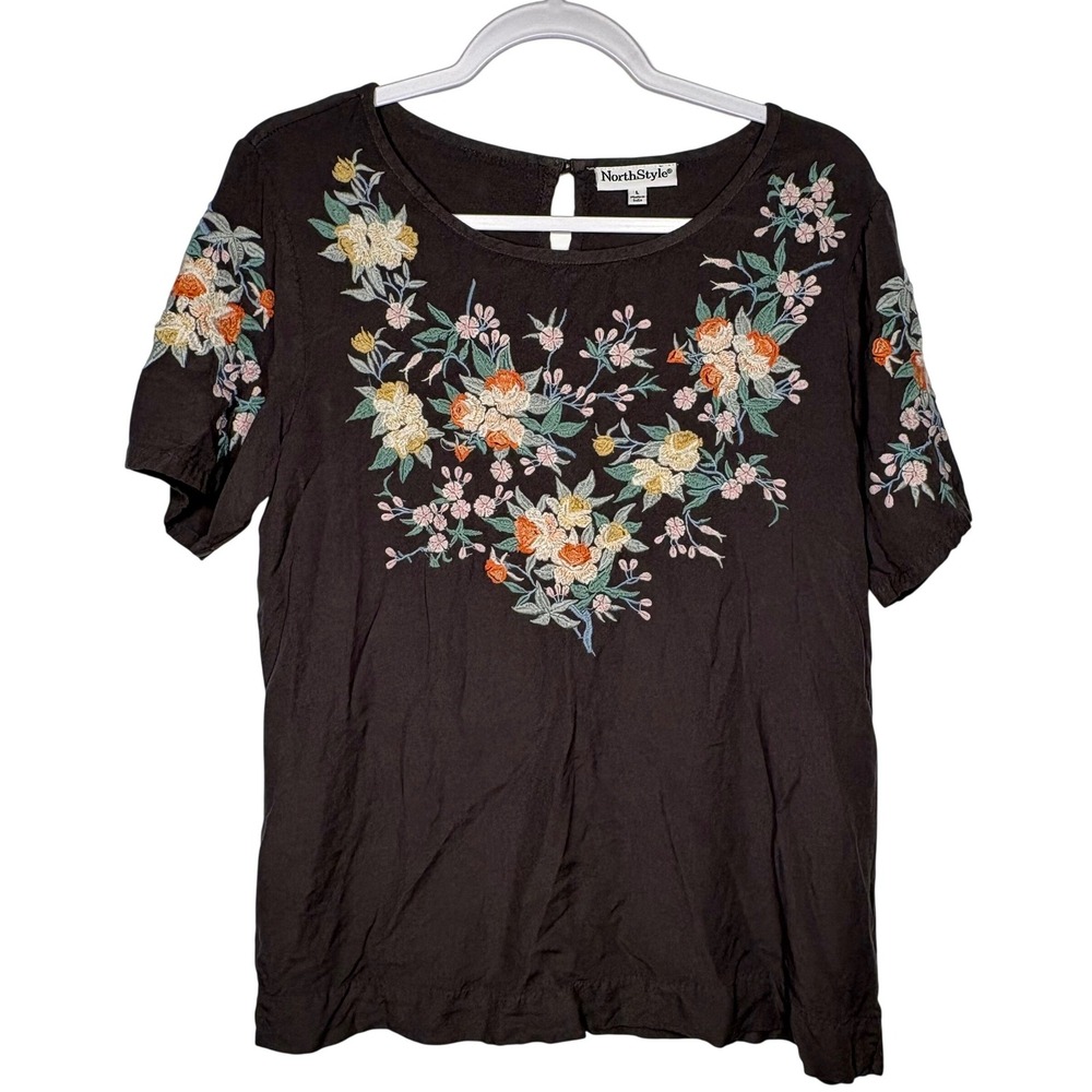 NorthStyle Floral Embroidered Rayon Short Sleeve Blouse Grey Large Cottagecore